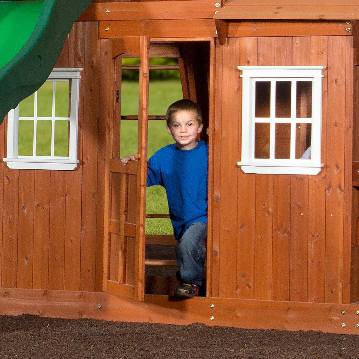 Cedar Wooden Playset Swing Set with Wave Slide and Playhouse k7m