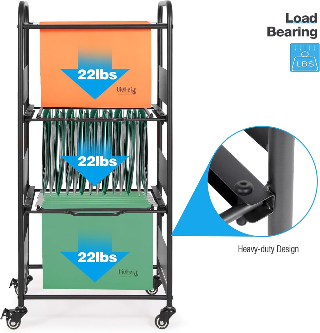 Black Rolling File Cart with Wheels Hanging Rack A7