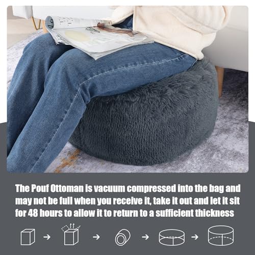 Plush Faux Fur Round Pouf Ottoman with Supportive Filling a7