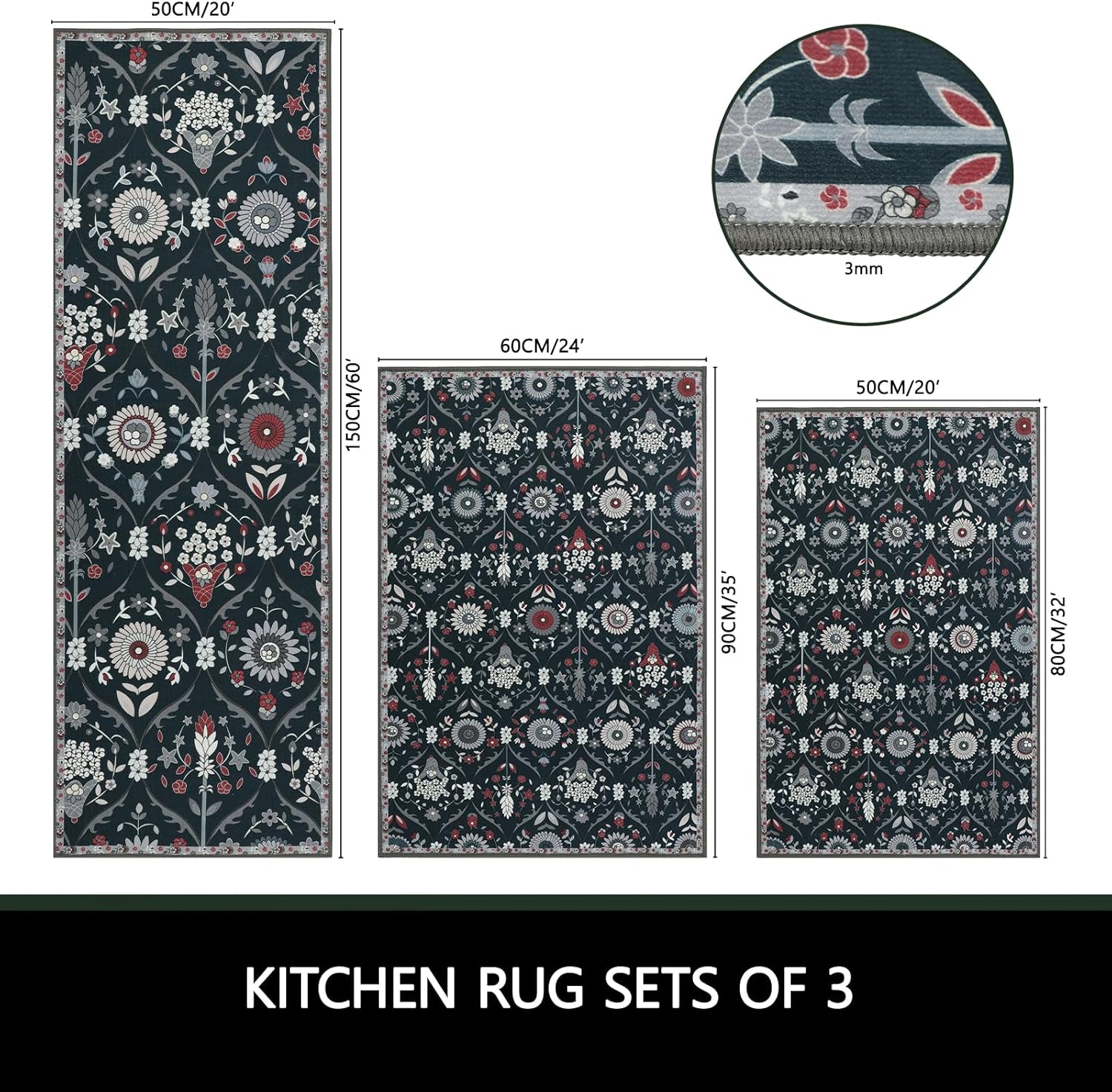 Moroccan Trellis Kitchen Rug Set of 3 Non Slip Floral Floor Mats k7q