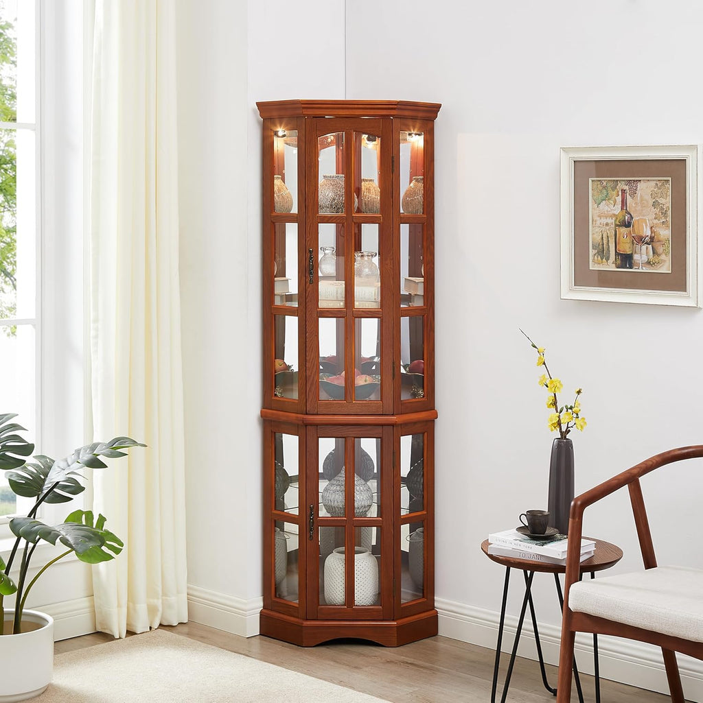 Glass Corner Display Cabinet with 5 Shelves and Lighting a7