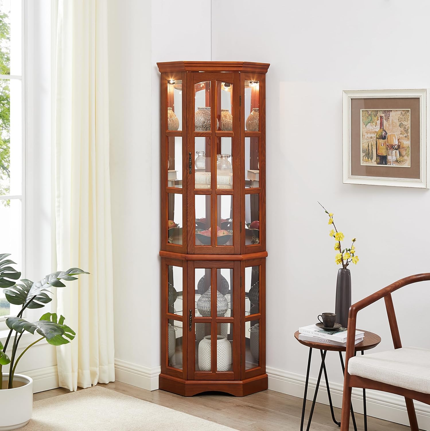 Glass Corner Display Cabinet with 5 Shelves and Lighting a7