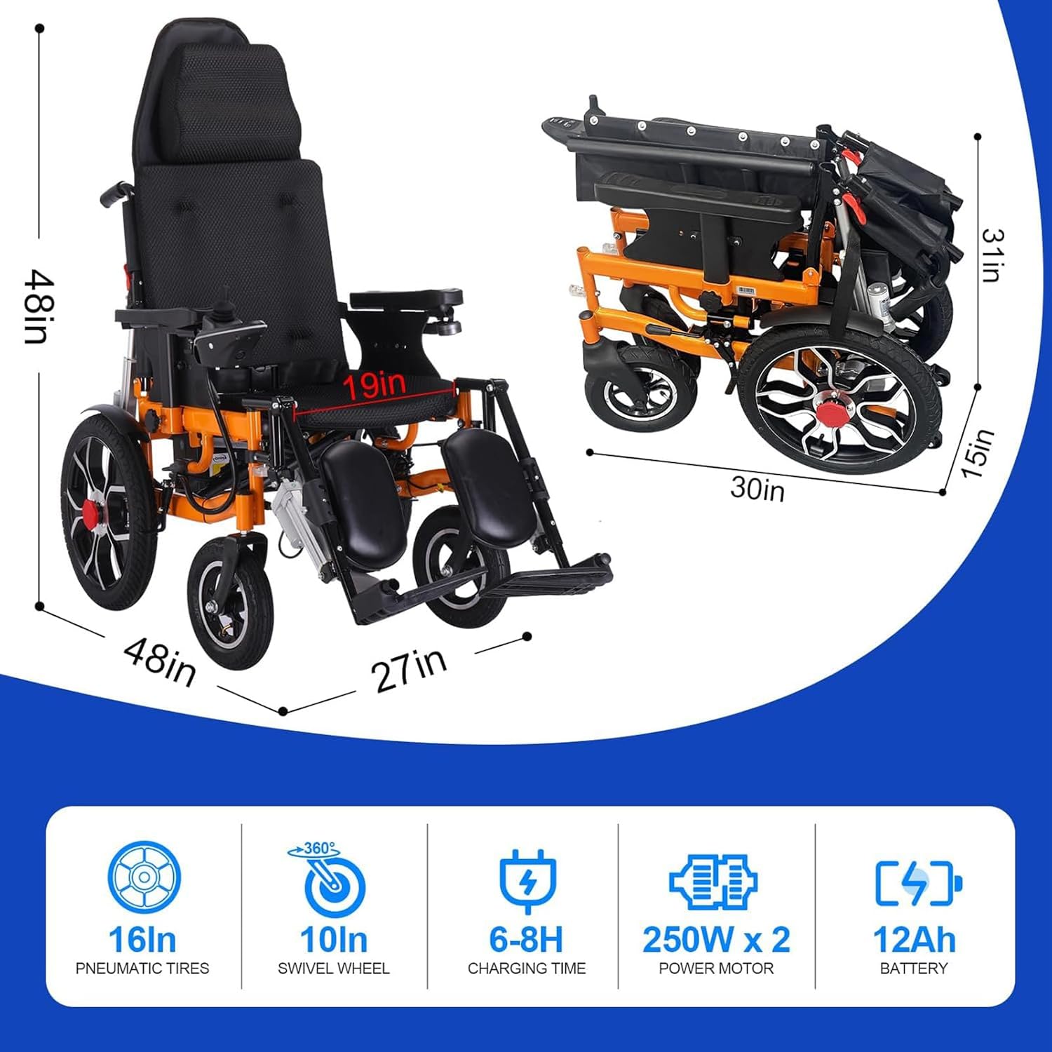 Reclining Foldable Electric Wheelchair for Adults, All Terrain 500W Motor, 20 Mile Range k7