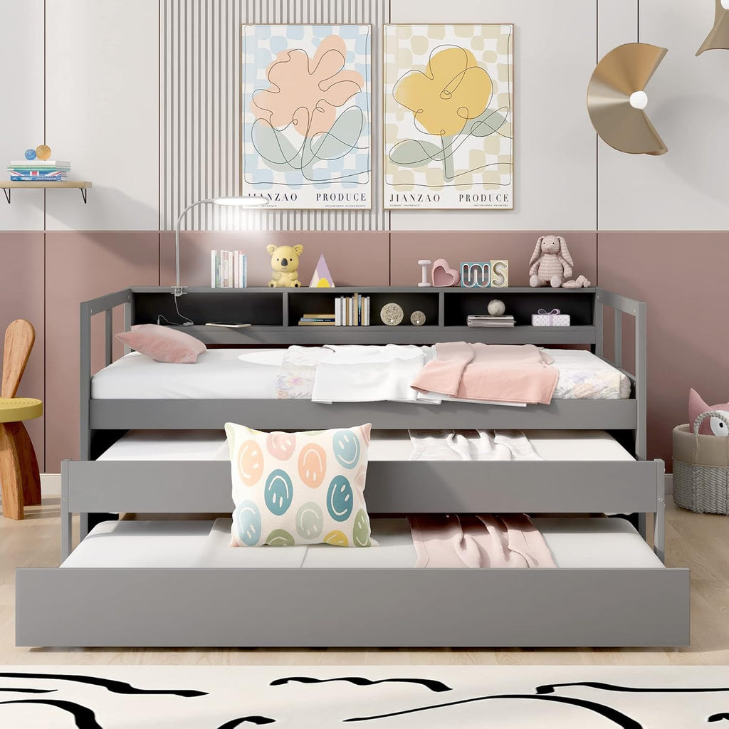 Twin XL Daybed with 2 Trundle Beds Wood Platform Bed with Storage Headboard Gray k7m