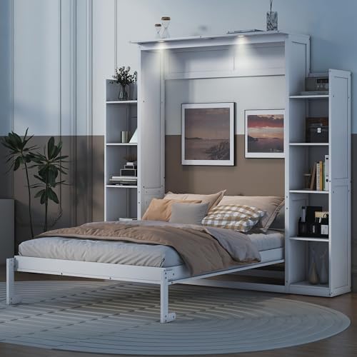 Murphy Bed Wall Bed with Shelves and LED Lights, Foldable Wood Cabinet White q7