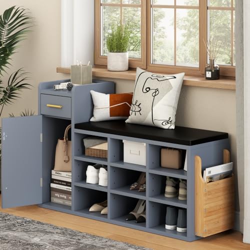 Shoe Storage Bench with 9 Cubbies and Cushion, White a7