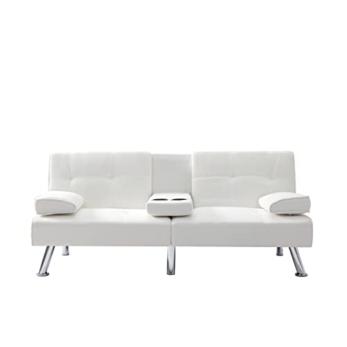 Synthetic Leather Convertible Futon Sofa Bed with Cup Holders Beige k7
