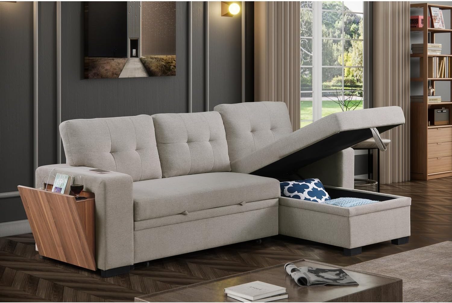 Modern L-Shaped Sleeper Sectional Sofa Bed Light Gray k7