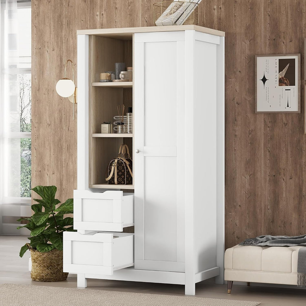 Wardrobe Closet Organizer with 2 Drawers and Hanging Rods White k7m