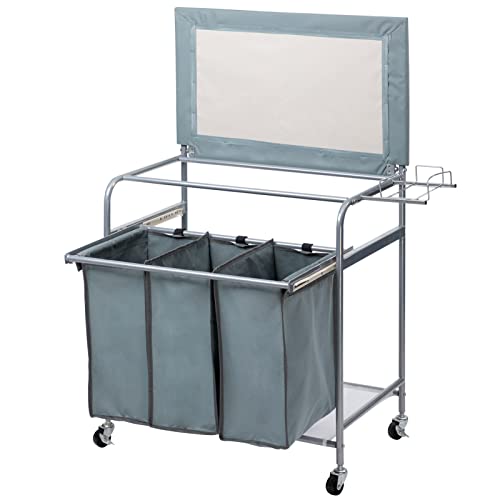 Laundry Sorter with Ironing Board and Rolling 3-Bag Hamper a7k