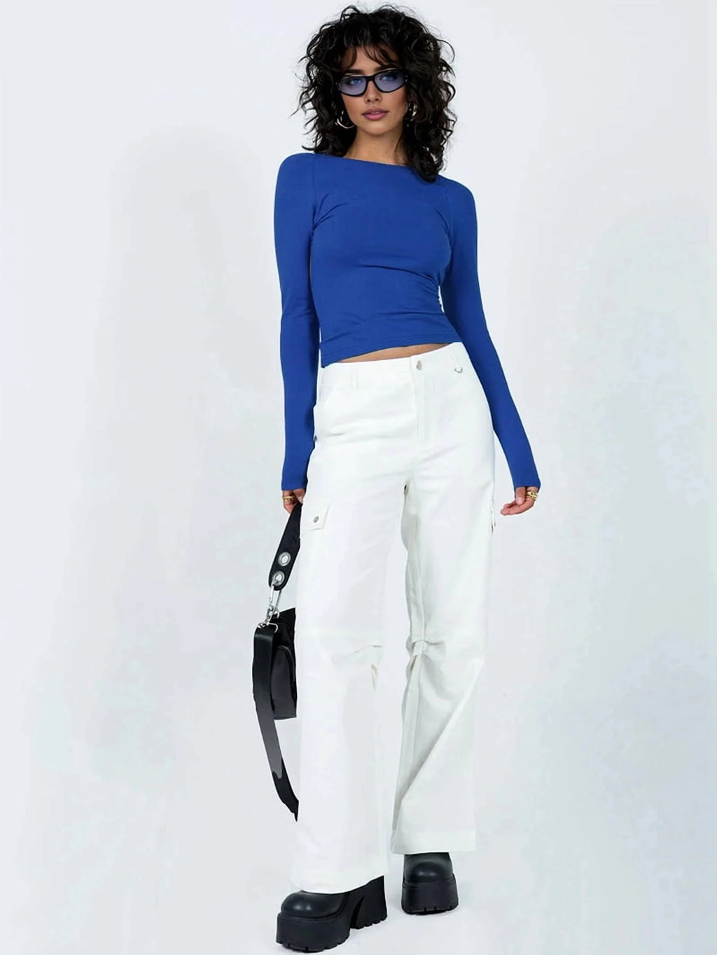 Women's Open Back Long Sleeve Crop Top Royal Blue k7