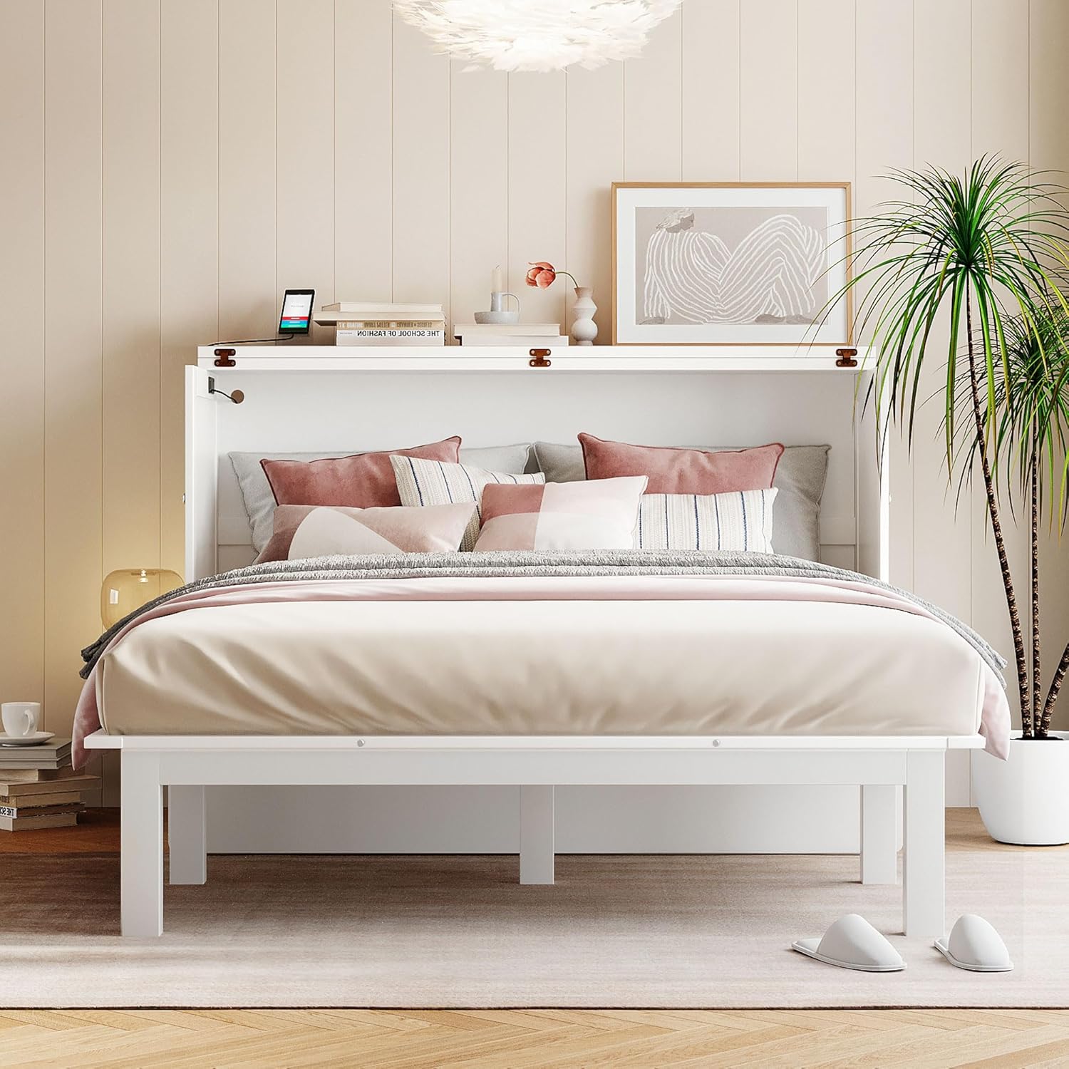 White Wooden Murphy Bed with Desk and Charging Station a7