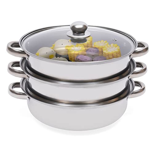 5-Tier Stainless Steel Steamer, 30cm/11.81in Cookware Pot Vegetable Steamer with Tempered Glass Lid, Stackable Cooking Steam Pot Kitchen Cookware for Gas Electric Induction Grill Stove, Silver