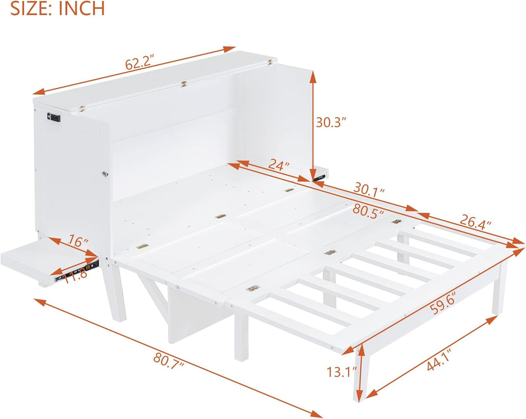 White Wooden Murphy Bed with Desk and Charging Station a7