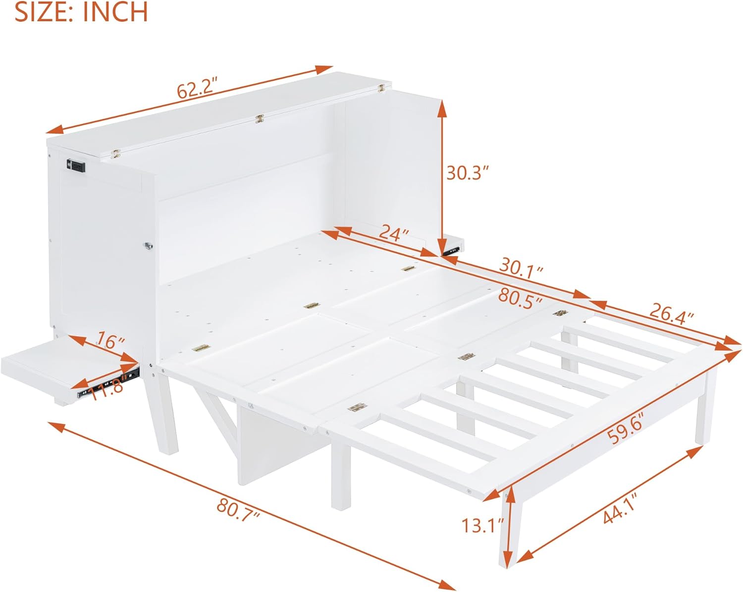White Wooden Murphy Bed with Desk and Charging Station a7