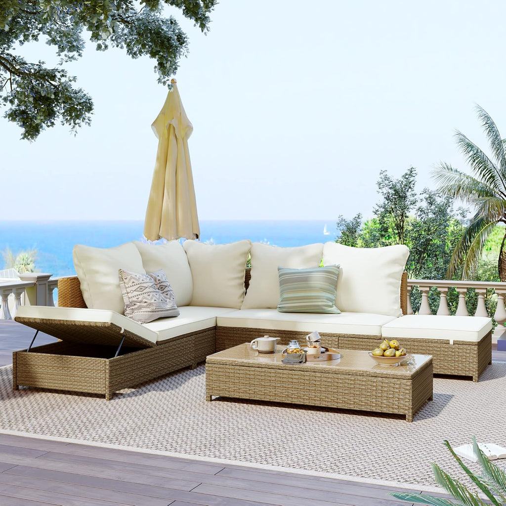 3-Piece Patio Rattan Sectional Sofa Set with Glass Table a7k