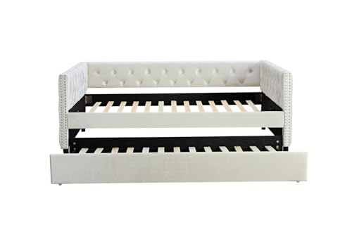 Velvet Tufted Twin Daybed with Trundle Beige k7
