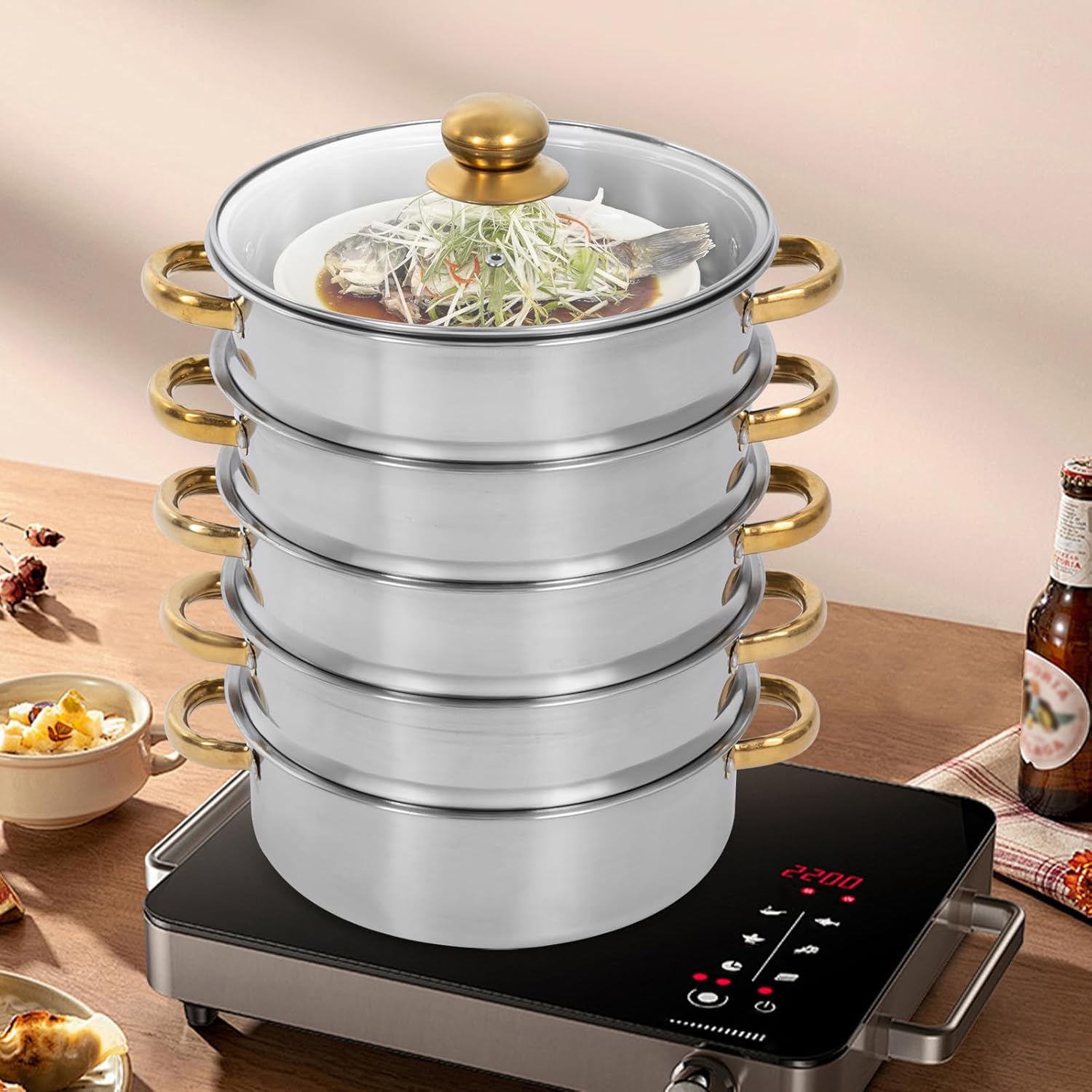 Steamer Pot 5 Tier 26cm Stainless Steel with Glass Lid a7