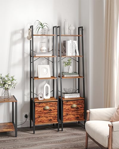 Narrow Bookshelf Bookcase with Drawer and Hooks, 4 Tier Rustic Brown k7