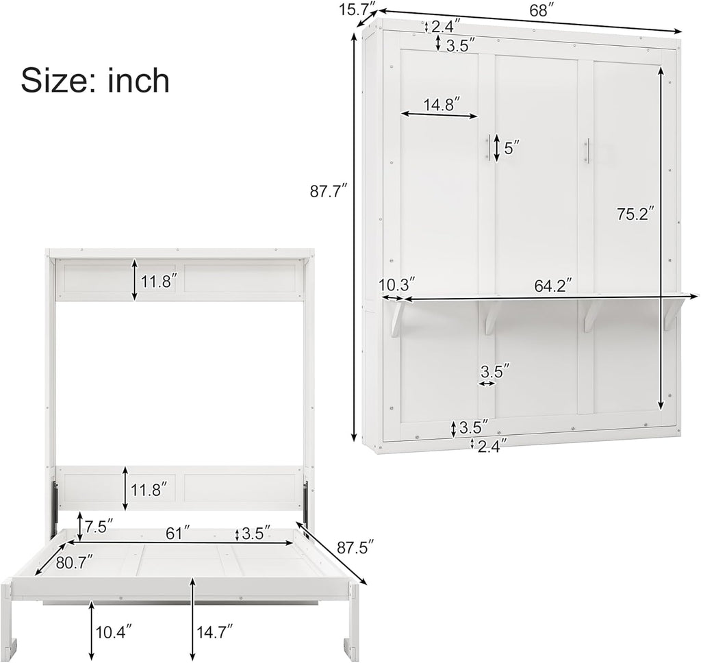 Queen Size Murphy Bed Chest with Desk and Side Storage Cabinet White a7