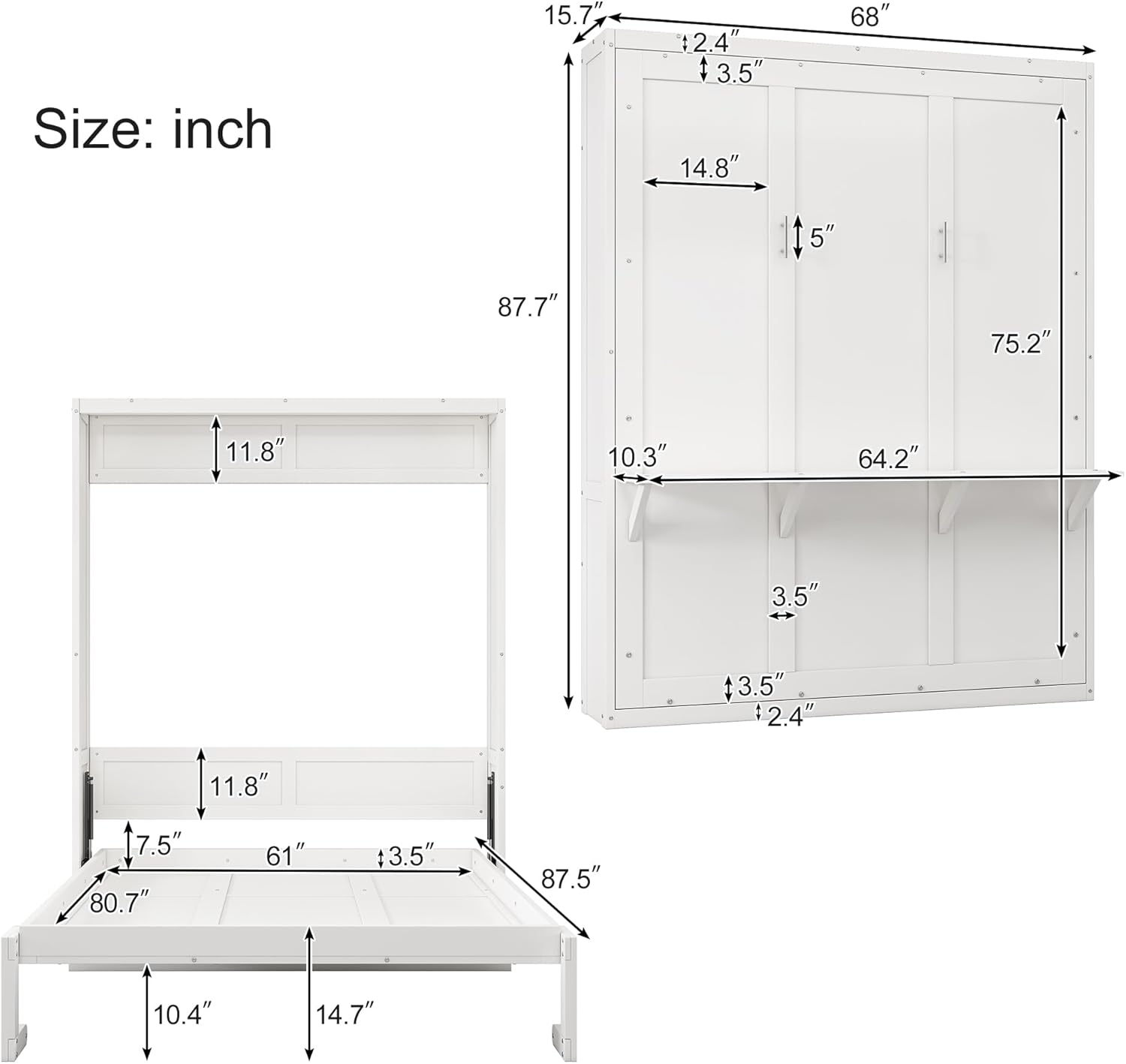 Queen Size Murphy Bed Chest with Desk and Side Storage Cabinet White a7