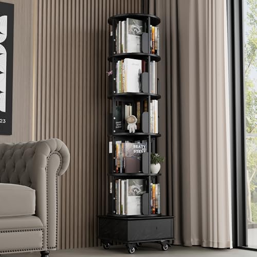 Solid Wood Rotating Bookshelf 360 Display with Drawer 5-Tier Mobile Tower k7p