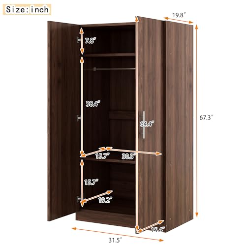 Wooden Wardrobe Closet with Shelves and Hanging Rail a7
