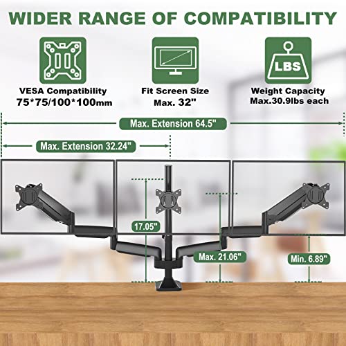 Triple Monitor Desk Mount for Three Flat or Curved Screens up to 27 inch, VESA 100x100mm k7