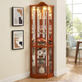 Curio Cabinet with Lighted, Display Cabinet with Glass Doors, Corner China Cabinet with Tempered Adjustable Glass Shelves & Carved Decoration (Crown Roof, Cherry)