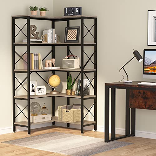 Modern 5-Tier Corner Bookshelf with Metal Frame Grey k7p