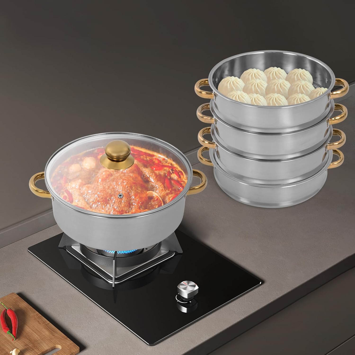Steamer Pot 5 Tier 26cm Stainless Steel with Glass Lid a7
