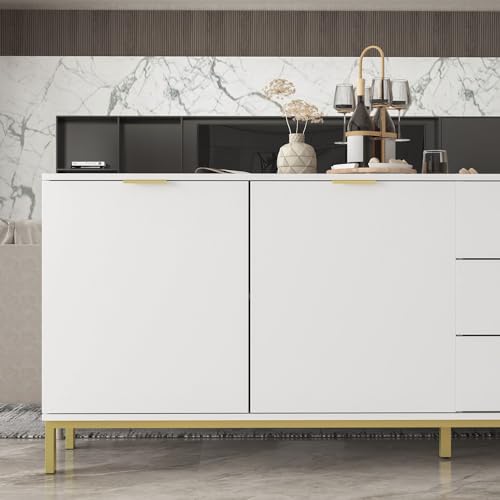 Sideboard Storage Cabinet with Drawers and Doors, Gold Metal Frame Legs White a7