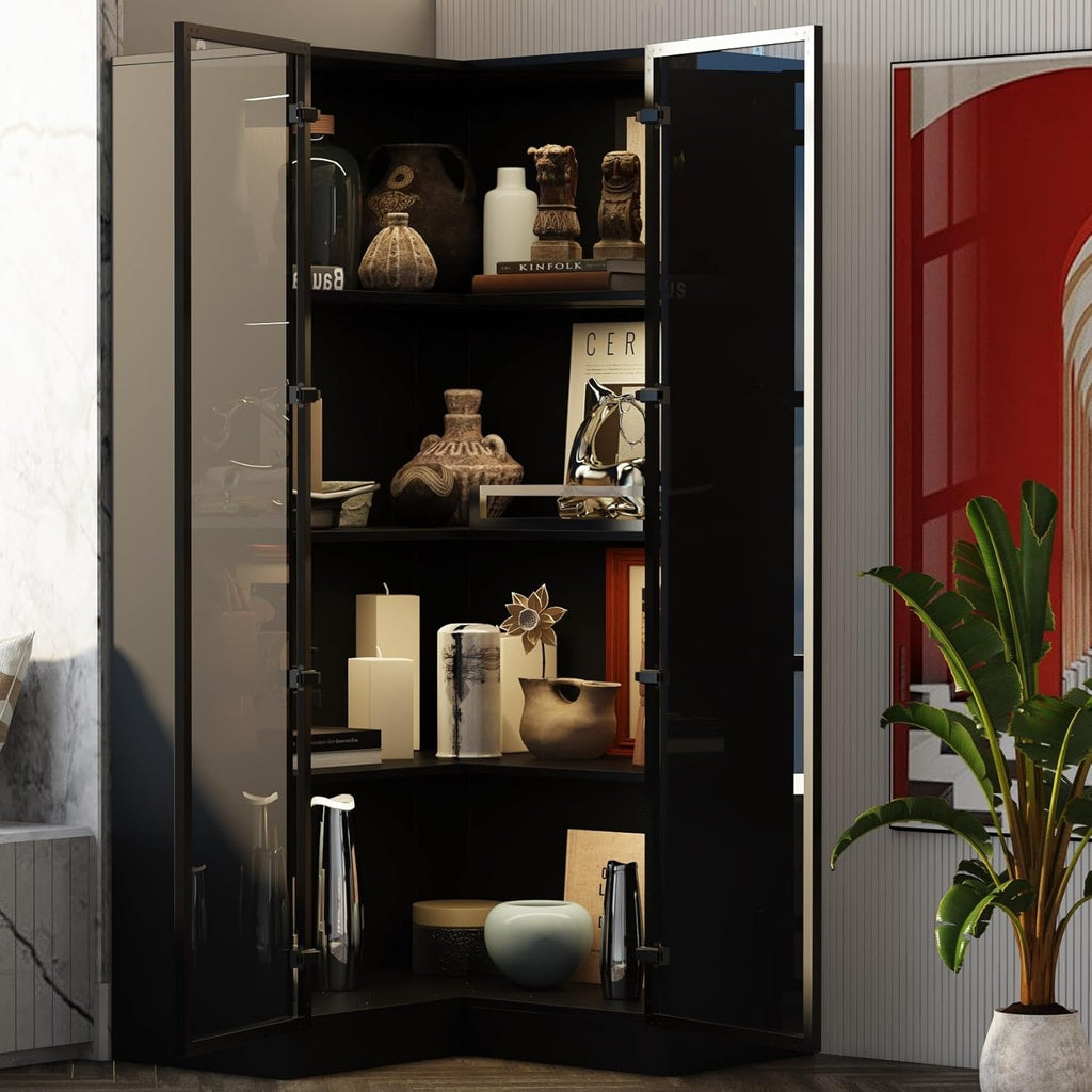 AIEGLE Corner Storage Cabinet with Glass Door and Light, L Shaped Display Cabinet with 2 Doors and 4 Shelves, Modern Bookcase Curio Cabinet for Living Room, Home Office, Black, 31.5"L x 31.5"W x 63"H