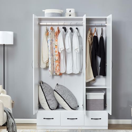 3-Door Armoire Wardrobe with 3 Drawers and Hanging Rod q7k
