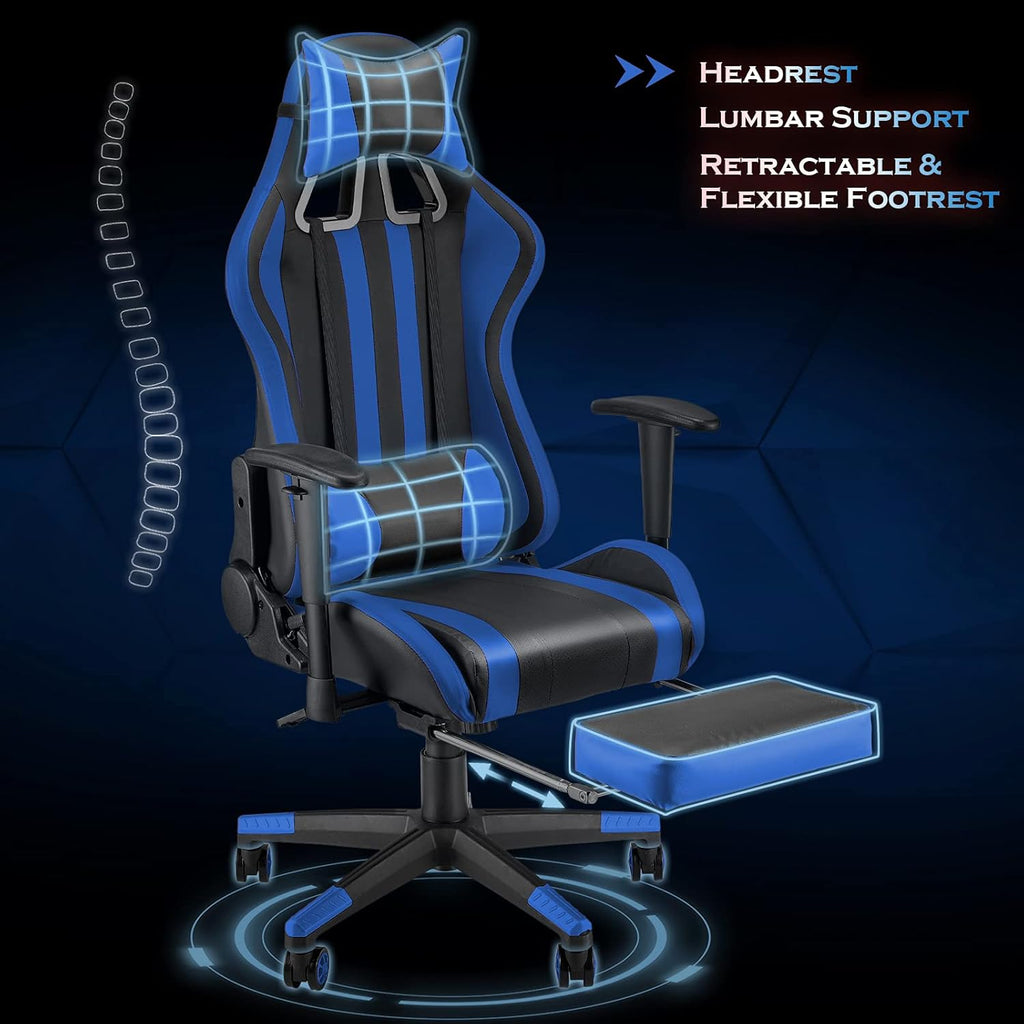Ergonomic Gaming Chair with Footrest and Adjustable Headrest Lumbar Pillow Reddish Blue k7m