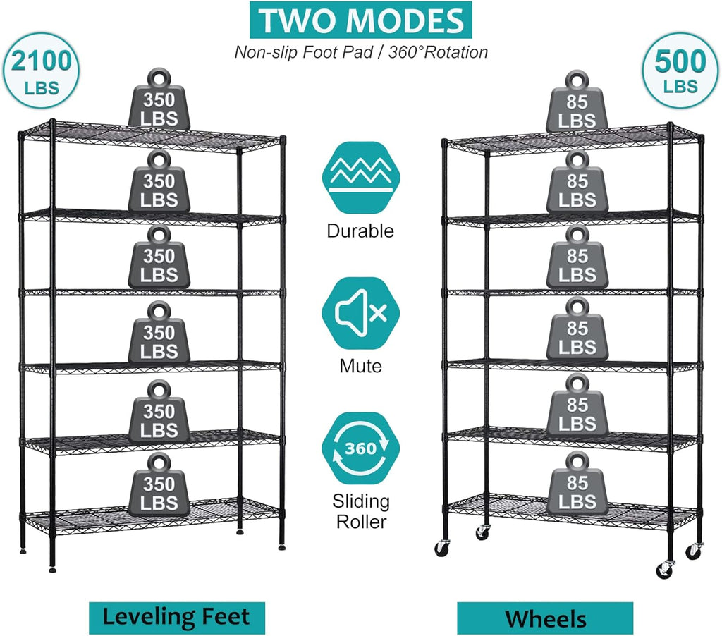 6 Tier Wire Shelving Rack, Heavy Duty Adjustable Storage with Wheels a7