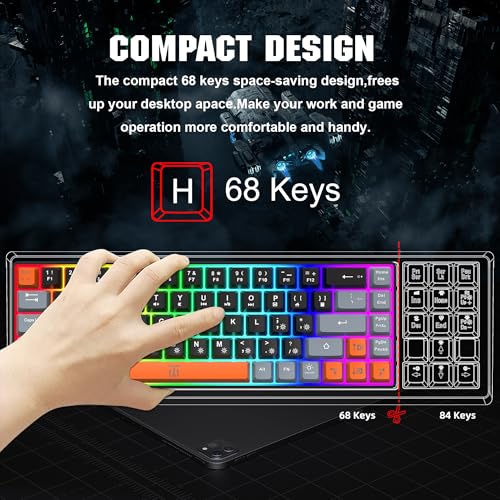 Gaming Keyboard, Compact RGB Backlit, 68 Keys White Grey Orange k7m