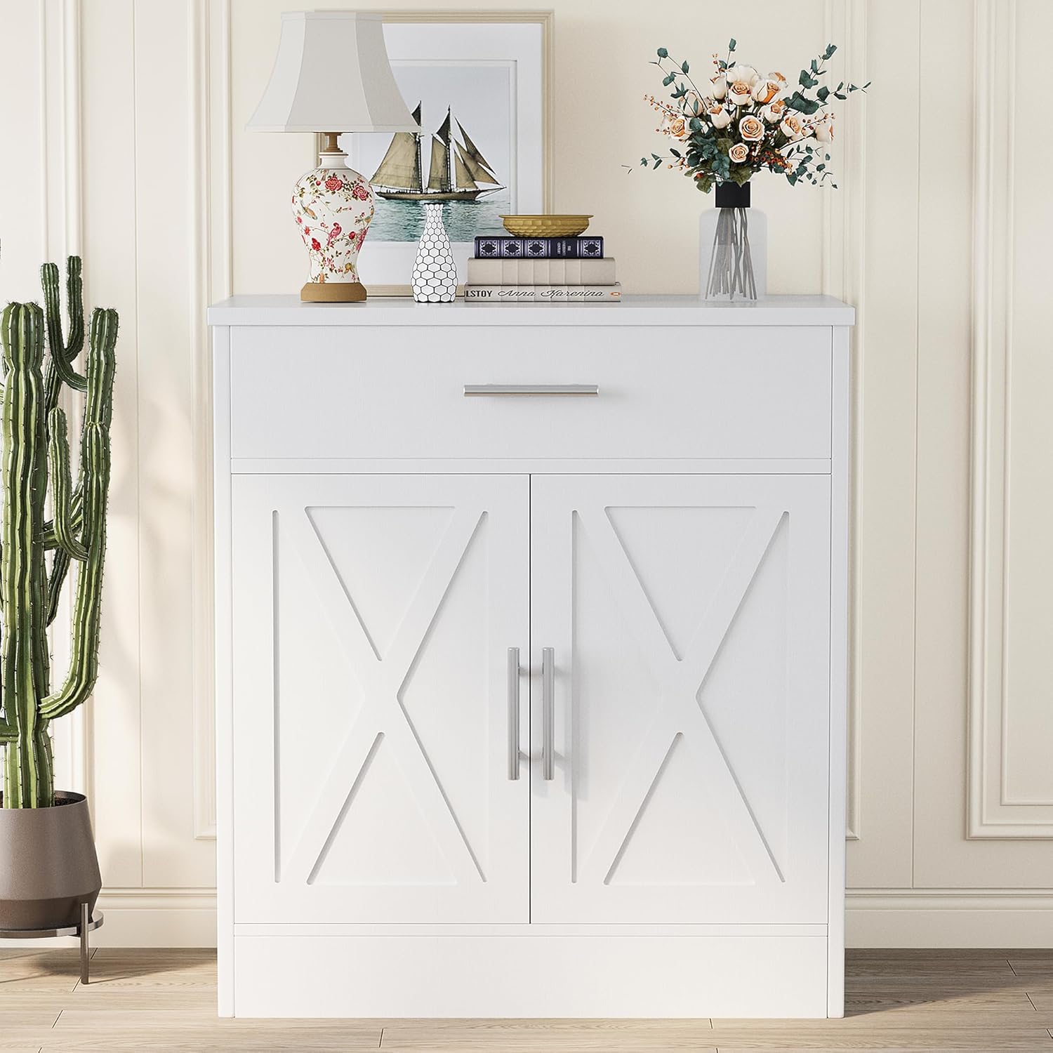Modern Farmhouse Sideboard Buffet Cabinet with Storage 2 Doors Ivory White k7