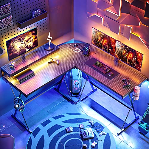 L Shaped Gaming Desk with LED 55 Inch, Carbon Fiber Black a7