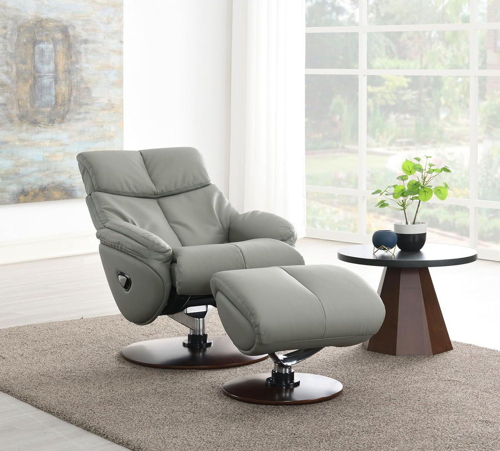 Leather Swivel Recliner Chair with Ottoman and Wooden Base, Gray a7