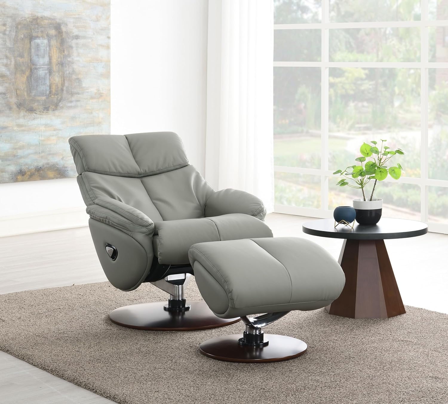 Leather Swivel Recliner Chair with Ottoman and Wooden Base, Gray a7