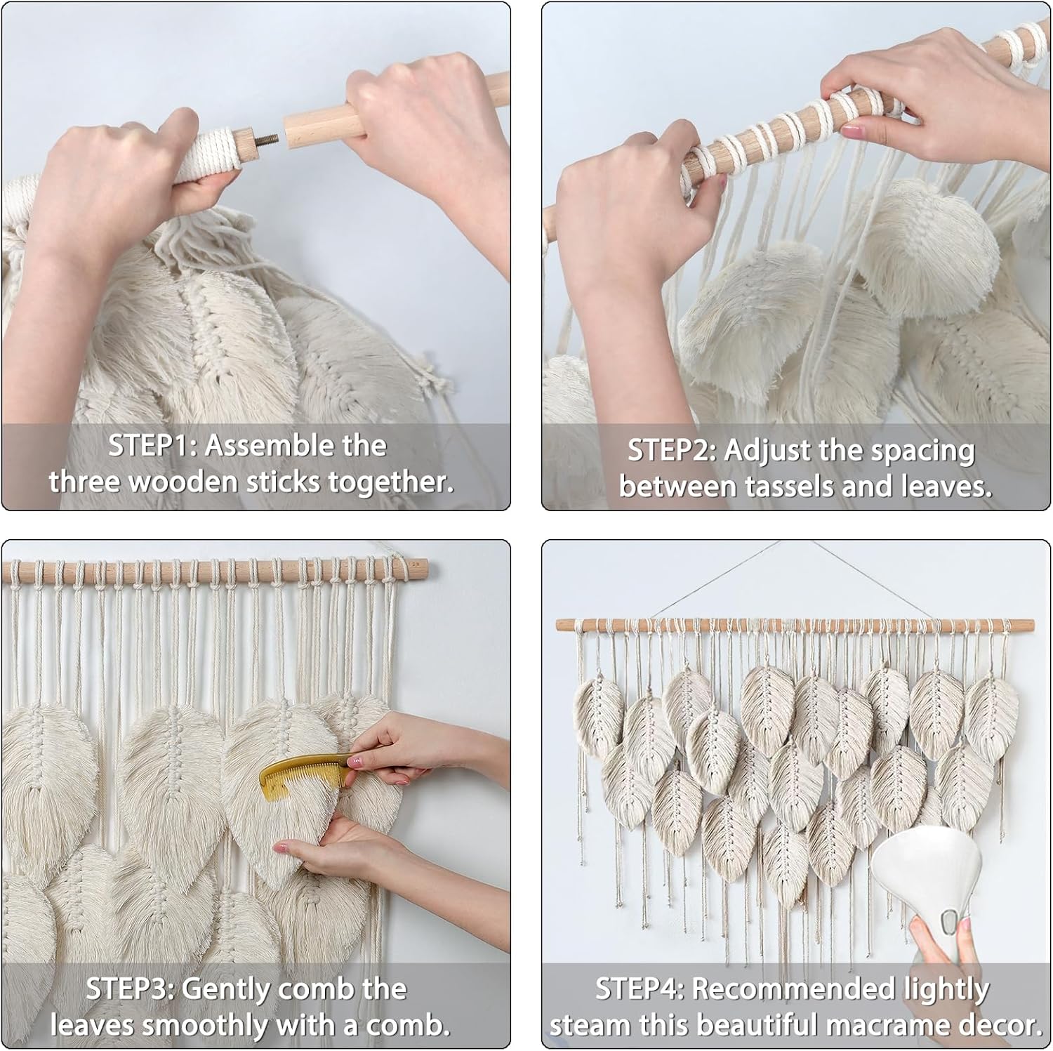 Macrame Wall Hanging Boho Beige Leaves Tapestry Handmade Woven Art k7m