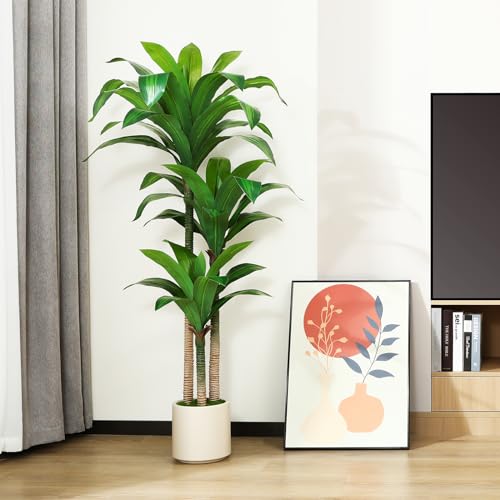 Artificial Dracaena Tree 5ft with White Planter Indoor Floor Plant k7m