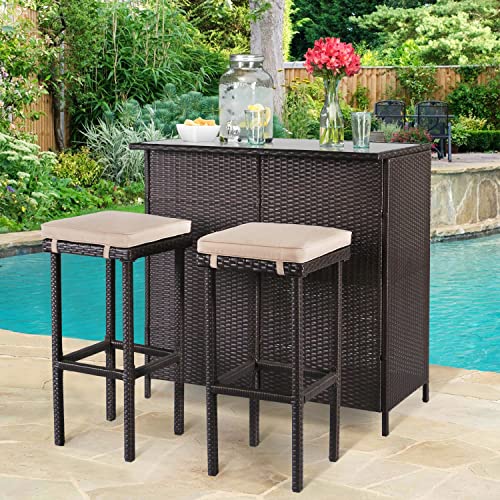 Outdoor Bar Set 3-Piece Brown Wicker Patio Furniture with Cushions q7m