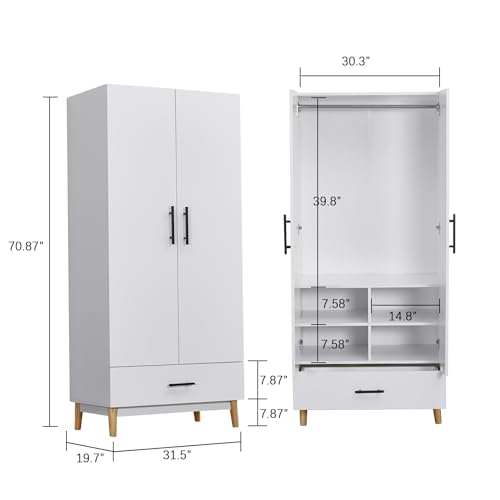 Wood Wardrobe Cabinet with 2 Drawers and Hanging Rod a7