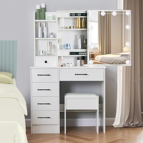 Vanity Desk with Makeup Mirror and 6 Drawers k7p