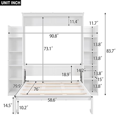 Murphy Bed Wall Bed with Shelves and LED Lights, Foldable Wood Cabinet White q7