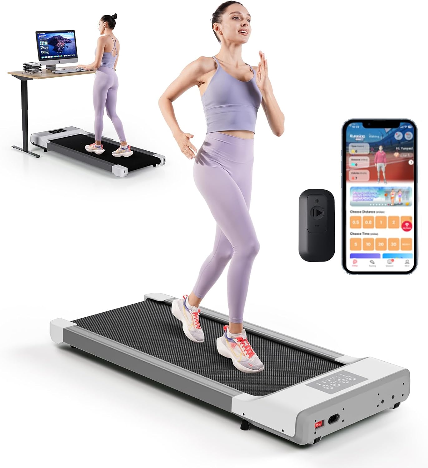 Walking Pad Treadmill, Mini Under Desk Treadmill for Home&Office, Portable Walking Treadmill with Remote Control LED Display(White-45.12" L)
