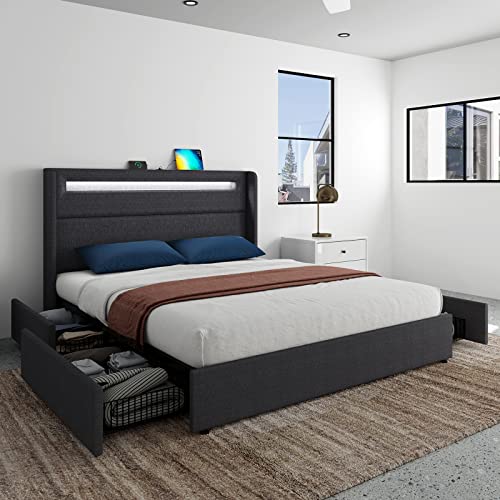 Queen LED Bed Frame with Wingback Headboard, Platform Bed with Storage Drawers a7k
