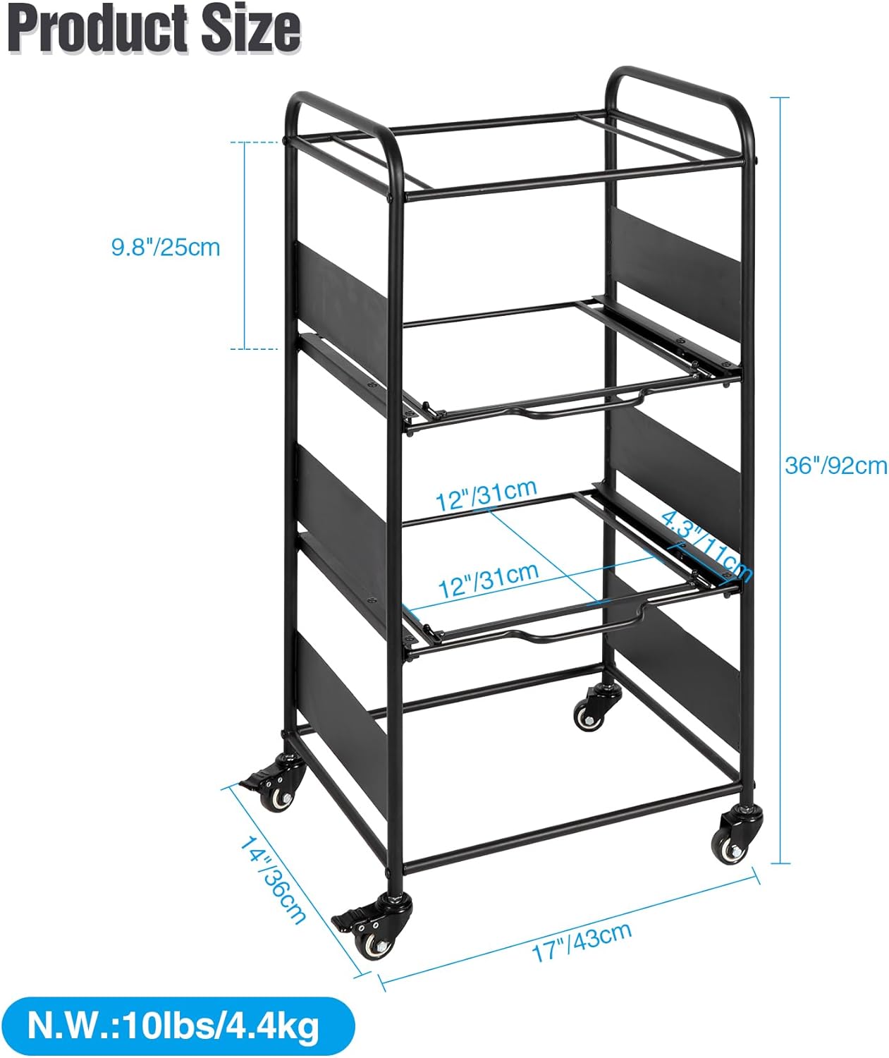 Black Rolling File Cart with Wheels Hanging Rack A7